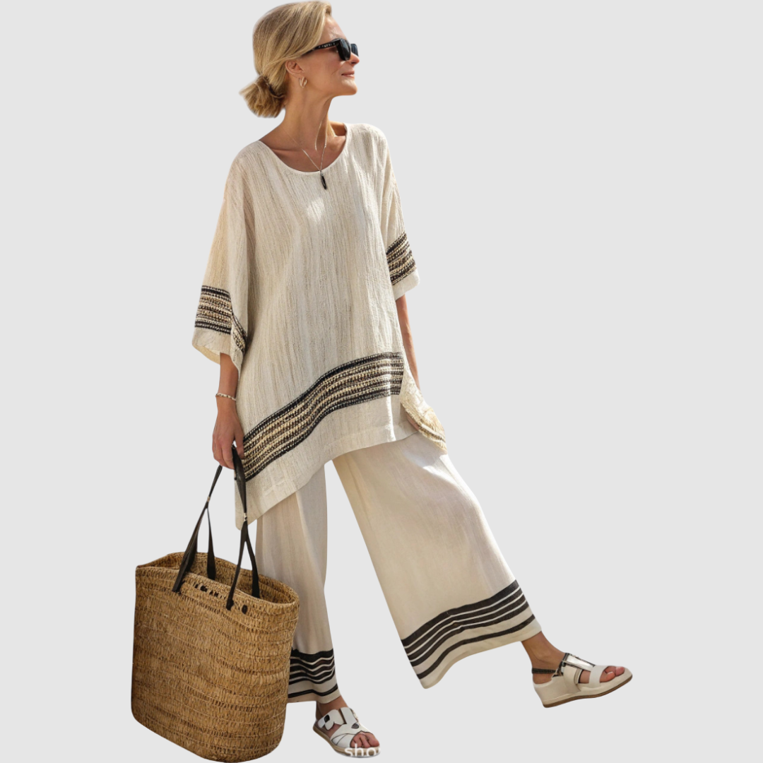 Rozálie - Etniczna zestaw z lnu bambusowego w paski
