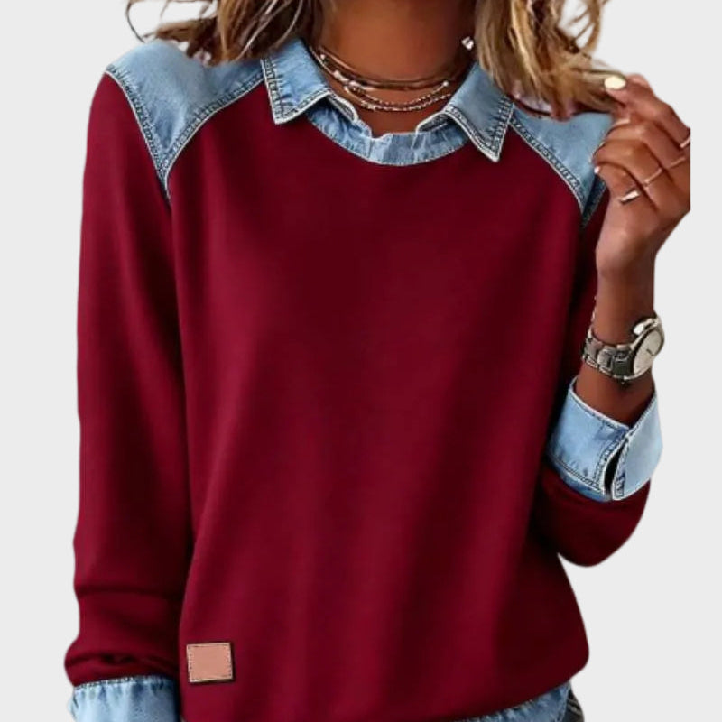 Ravit - Dżinsowa pleciona bluzka z długimi rękawami